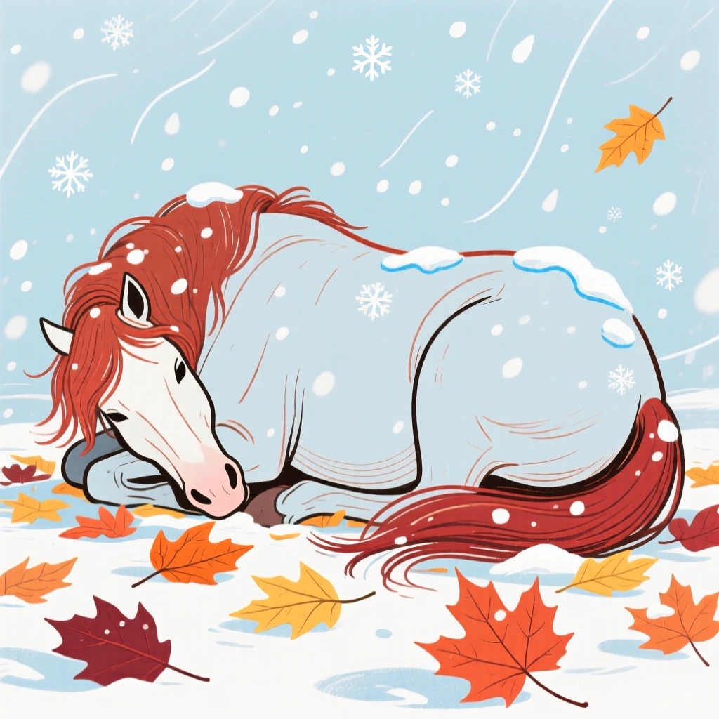 A wild mustang curled up together among autumn leaves during a light snowfall.