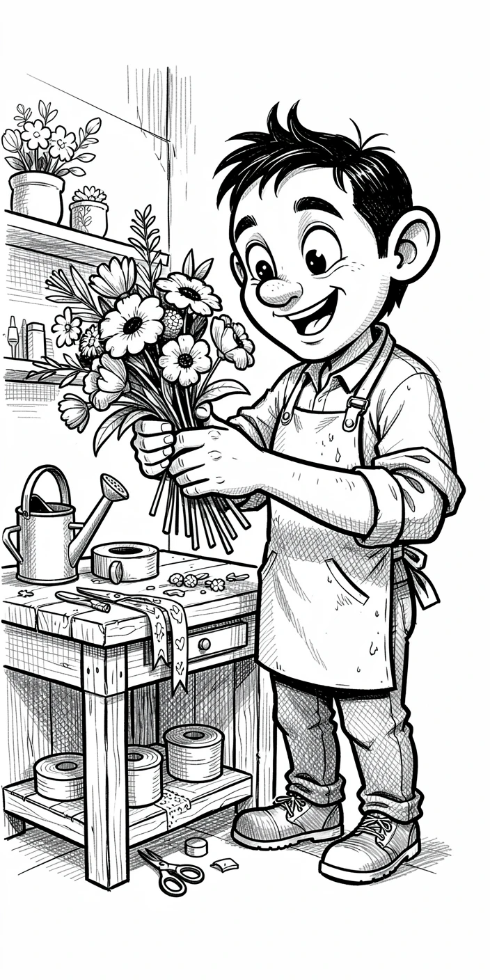 A florist arranging a bouquet in a shop beside a workshop bench.