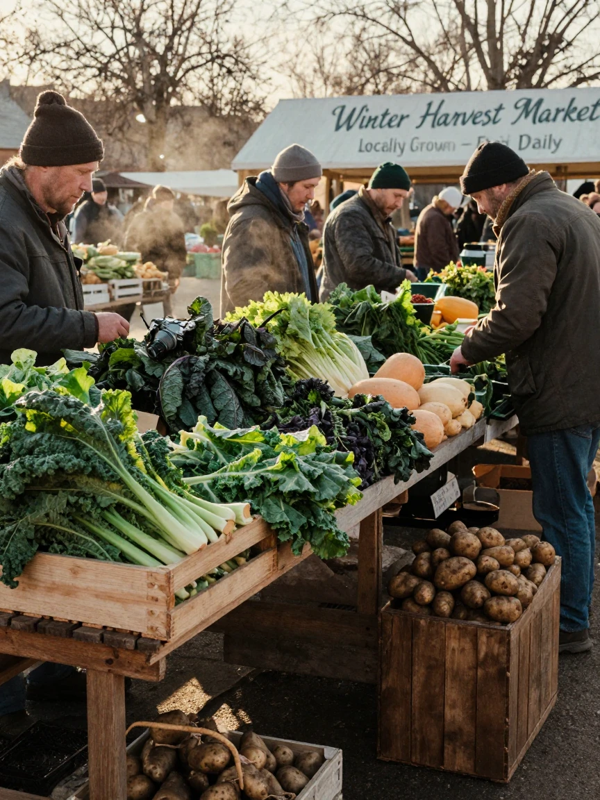 A bustling farmers market with crates of fresh vegetables and fruit, under soft golden-hour light, as heat shimmers over the ground, in the depths of winter, with deep emerald greens and browns, viewed from across the room.
