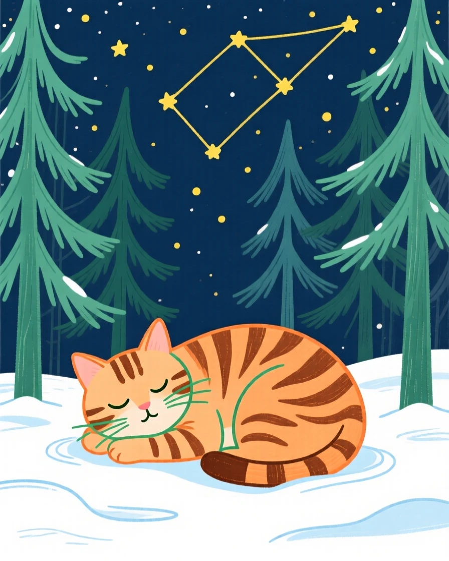 A tabby cat curled up together in a snowy pine forest under a clear starry sky.