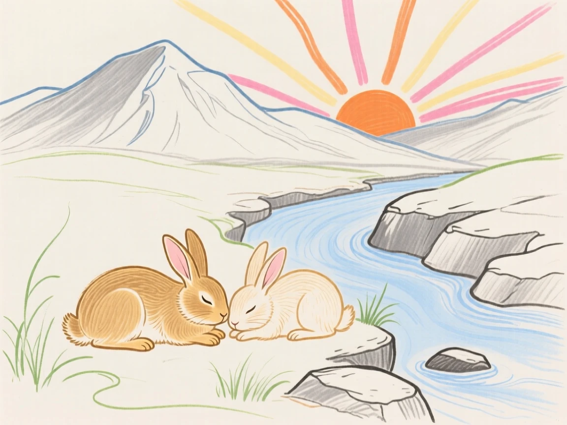 A pair of rabbits napping beside a mountain stream at sunrise.