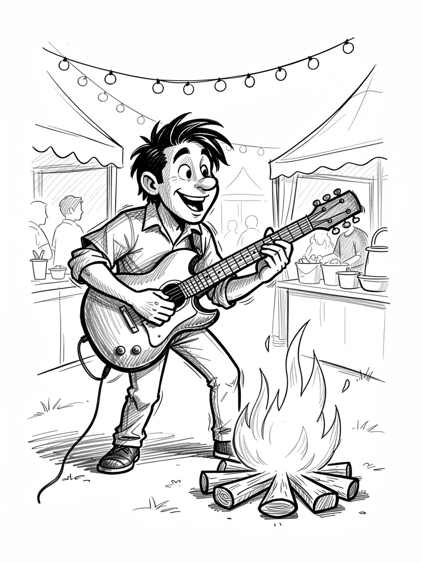 A guitarist strumming beside a campfire at an open-air weekend market.