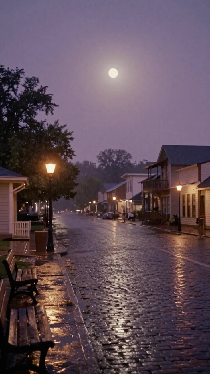 A quiet village square lit by soft lantern light after dark, under a full moon, under a light drizzle, during the long days of summer, in dusty lavender and rose tones, from behind, looking toward the horizon.