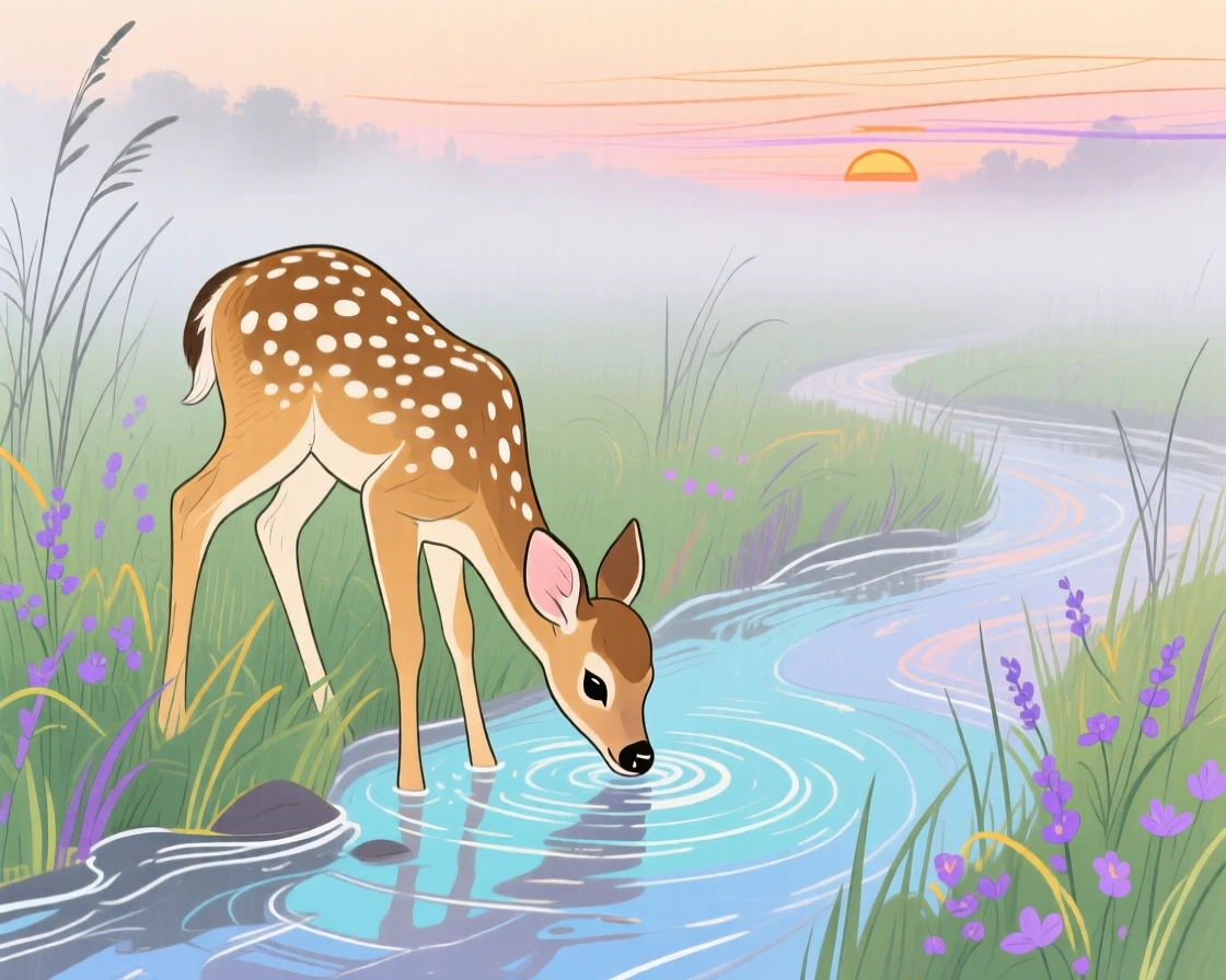 A spotted fawn drinking from a stream in a misty morning field at sunset.