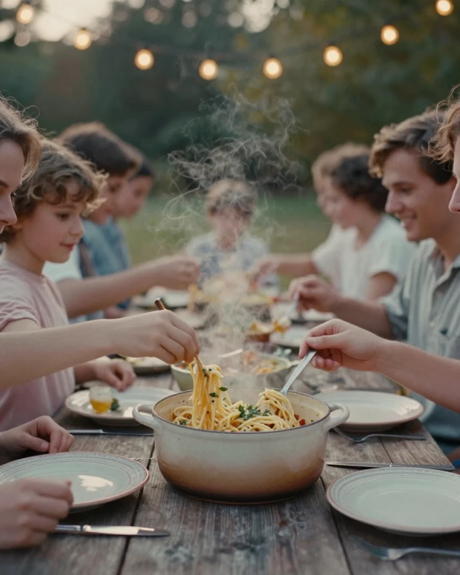 A family sharing a large pot of pasta at a crowded table, under strings of warm string lights, with a soft breeze stirring the air, in the mild days of early autumn, in soft muted pastels, in a tight close-up.