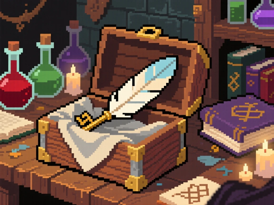 A key shaped like a feather wrapped in a cloth inside a wooden box, inside a wizard's cluttered study.