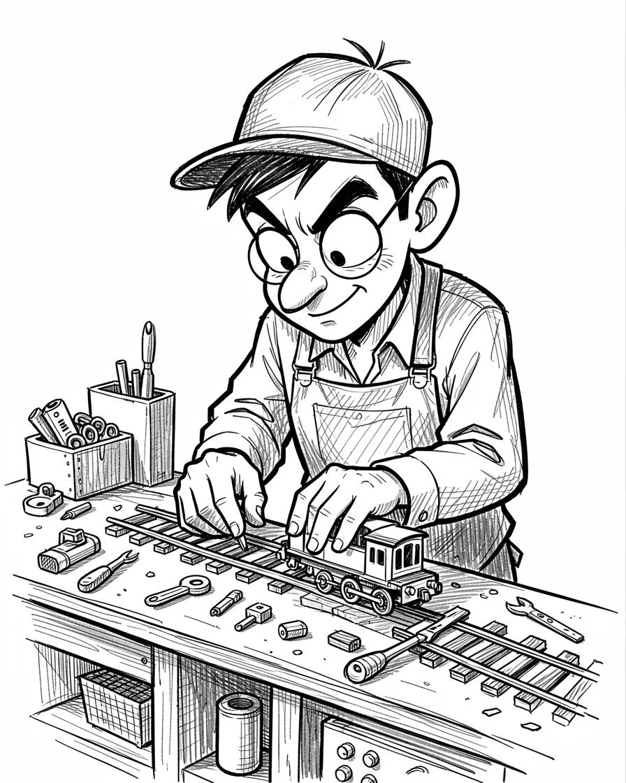 A model train enthusiast adjusting a tiny track beside a workshop bench.