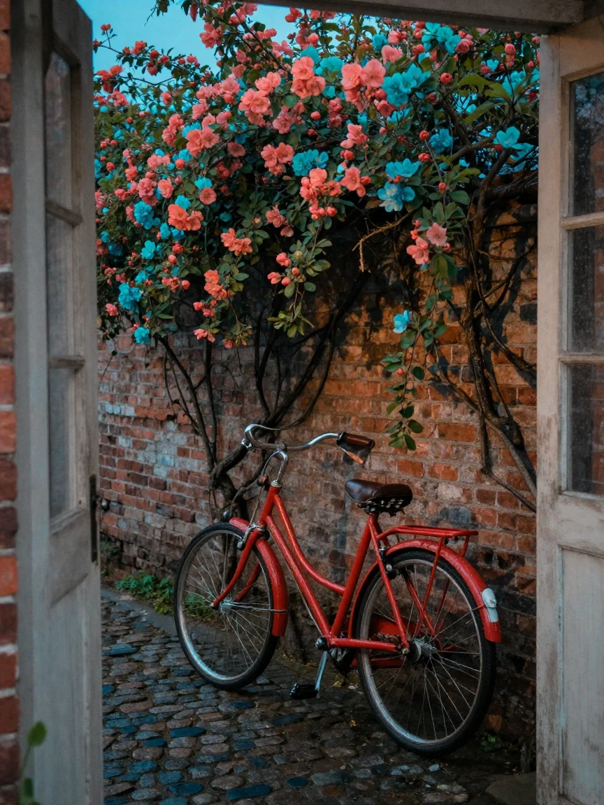 A vintage red bicycle leaning against a flower-covered wall, in cool blue twilight, under a light drizzle, as spring blossoms unfurl, in vivid coral and turquoise hues, framed through an open doorway.