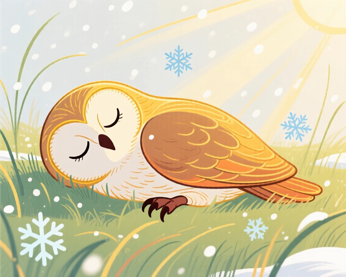 A wise old owl napping in a sunlit meadow during a light snowfall.
