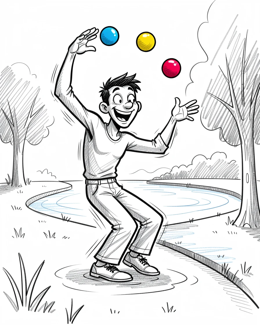 A juggler tossing colorful balls in a park beside a lake during a peaceful afternoon.