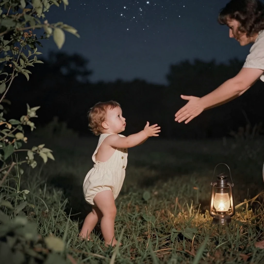 A toddler taking wobbly first steps toward outstretched arms, under a canopy of stars, in still, windless air, in the height of summer, with muted olive and rust colors, peering through foliage in the foreground.