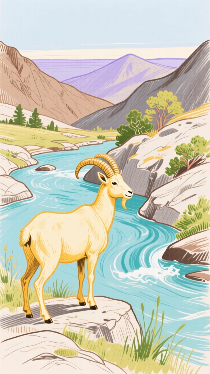A mountain goat watching the horizon beside a mountain stream on a quiet summer afternoon.