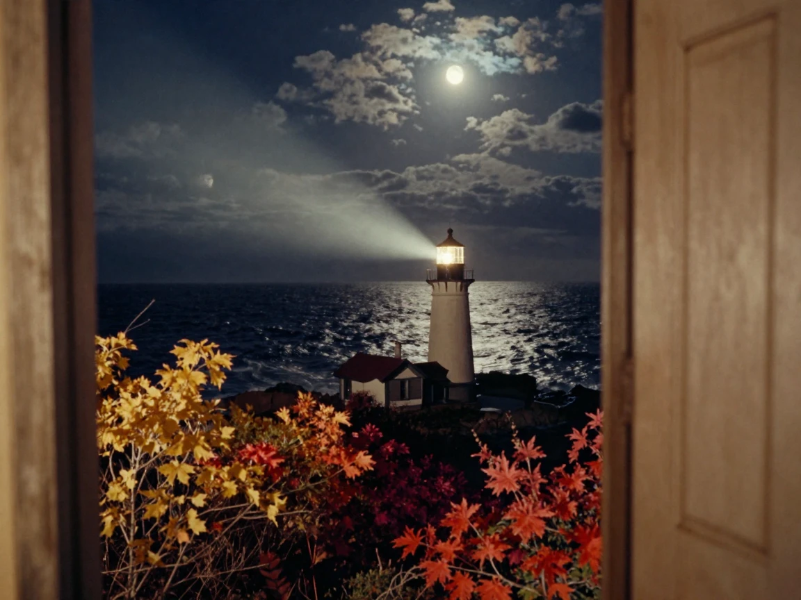 A lighthouse beam sweeping across a dark, restless sea, under a full moon, under scattered clouds, as autumn leaves turn gold and red, with rich burgundy and gold accents, framed through an open doorway.