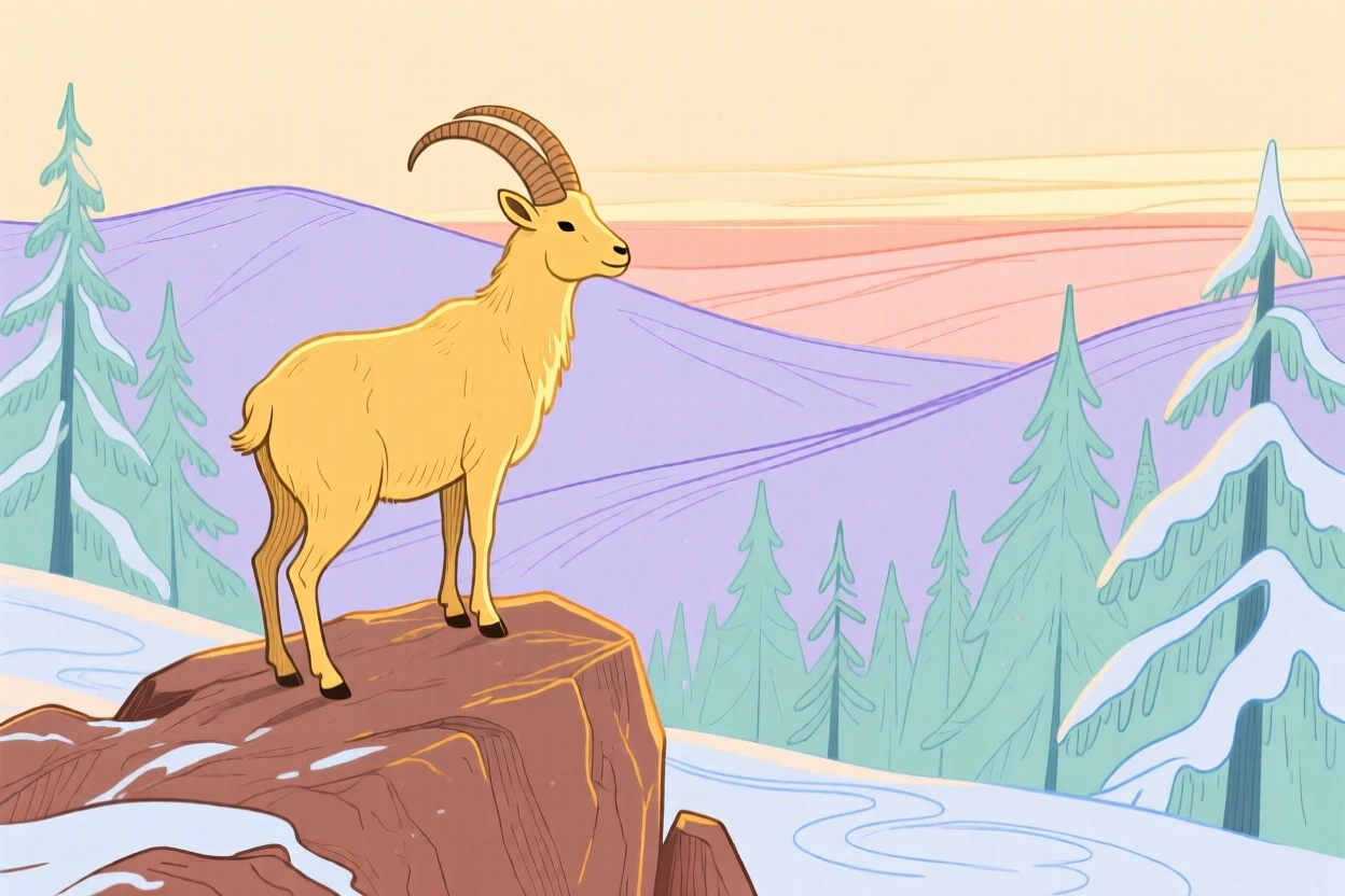 A mountain goat watching the horizon in a snowy pine forest during golden hour.