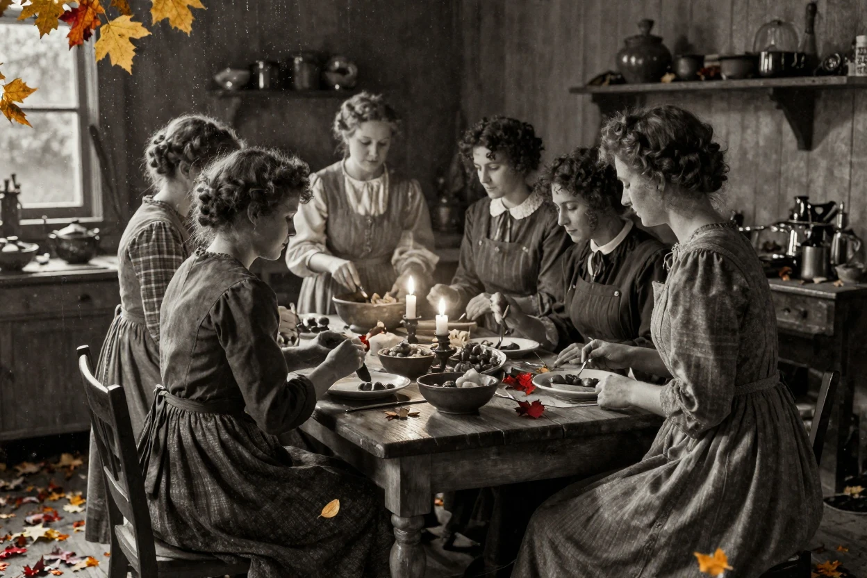 Women in traditional dress preparing food for a communal feast, under flickering candlelight, with a soft breeze stirring the air, as autumn leaves turn gold and red, with stark black-and-white contrast softened by a single warm hue, through a rain-streaked window.