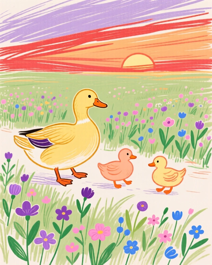 A family of ducks wandering near a wildflower field at sunset.