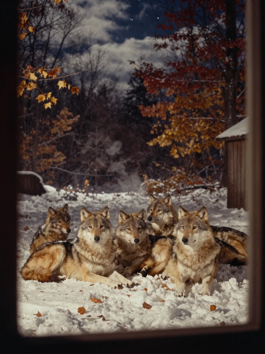 A pack of wolves resting together in a snowy clearing, in low lamplight, under scattered clouds, in late autumn, with rich burgundy and gold accents, viewed from across the room.