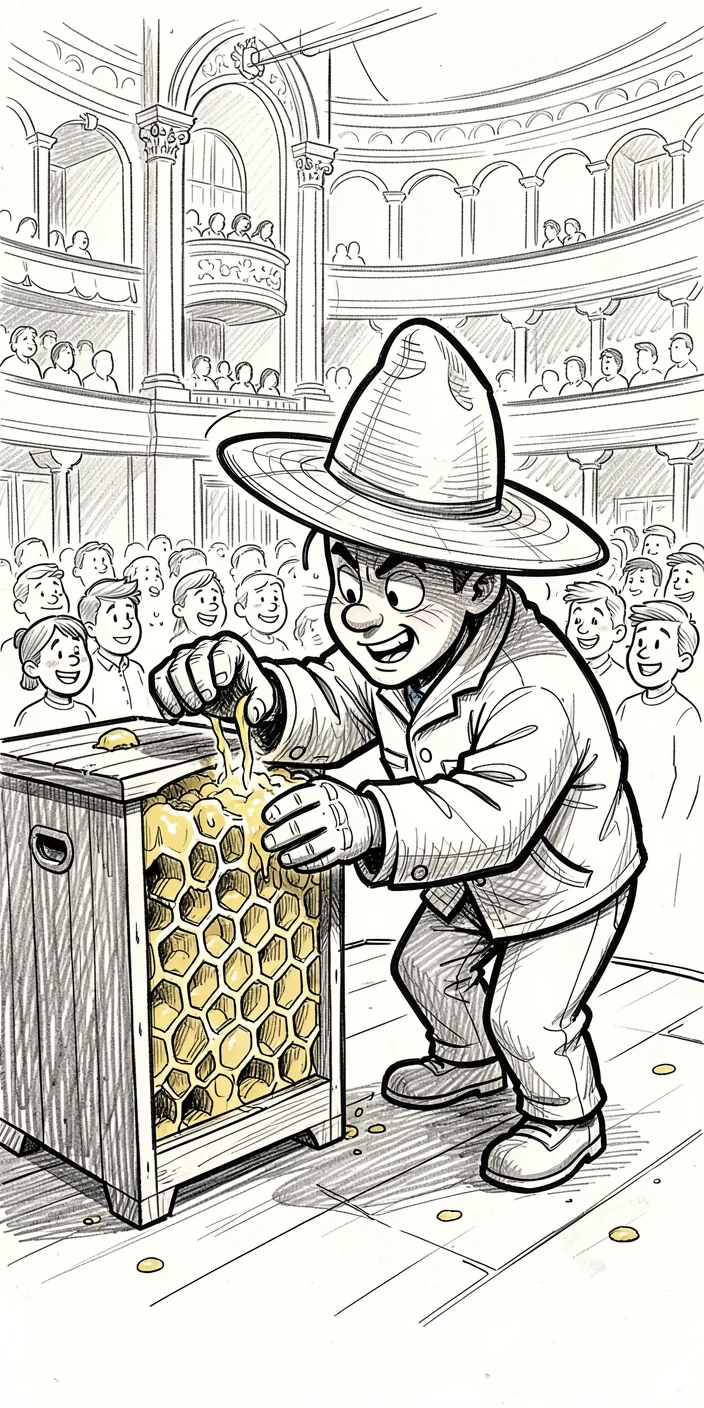 A beekeeper checking a hive full of honeycomb in a music hall filled with an audience.