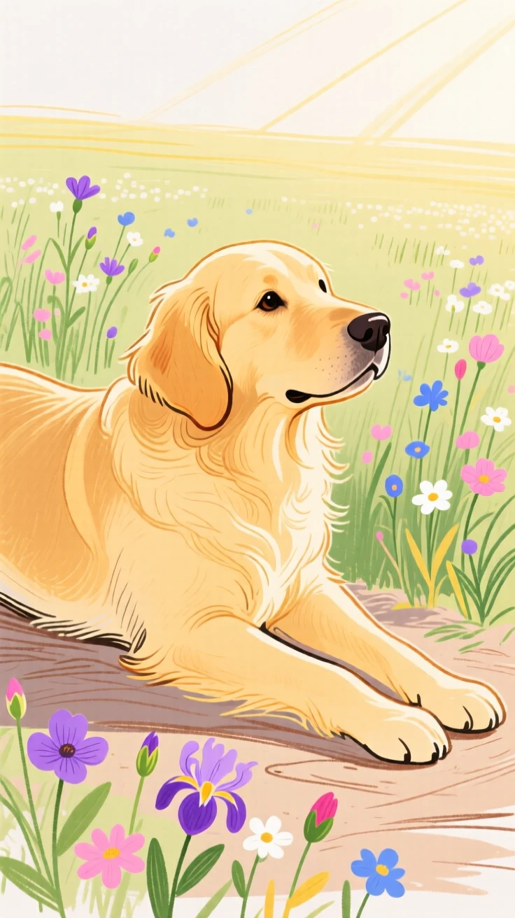 A golden retriever stretching in the morning light near a wildflower field in early spring.