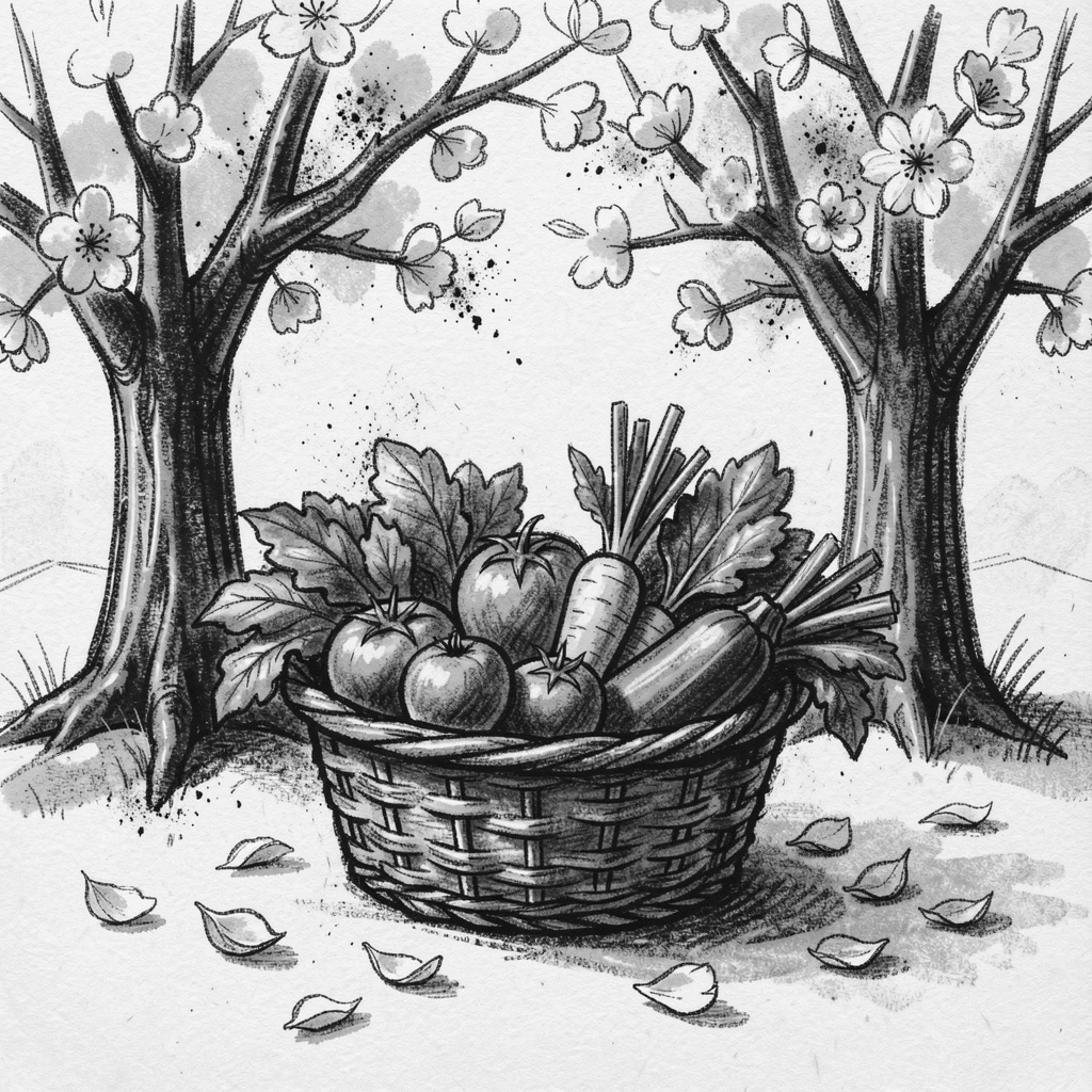 A basket overflowing with fresh garden vegetables, beneath blossoming trees in full bloom.