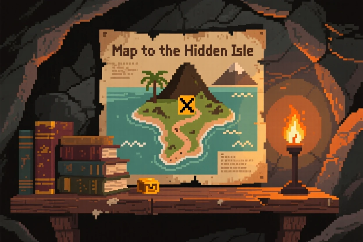 A map leading to a hidden island sitting on a shelf beside dusty books, within a cave lit by torchlight.