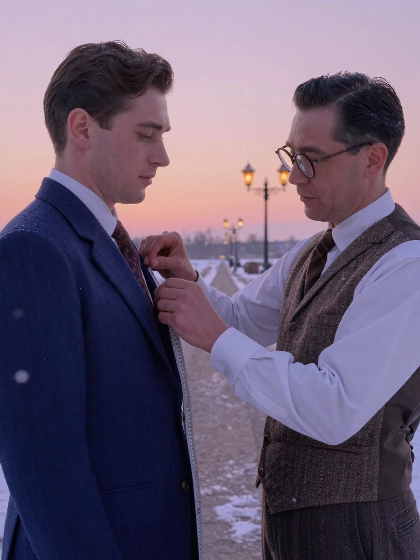 A tailor fitting a customer for a hand-stitched suit, under a glowing sunset sky, amid gently falling snow, in the depths of winter, in soft muted pastels, in a tight close-up.