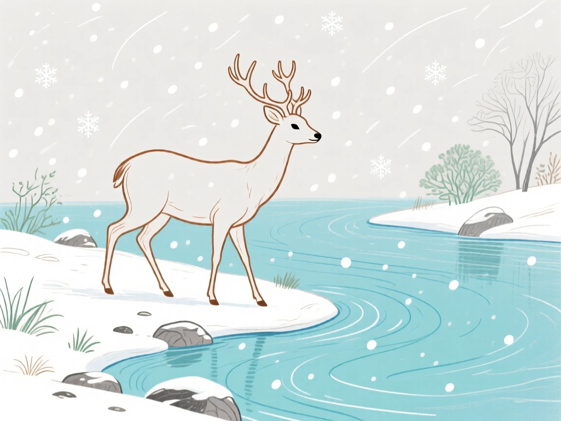 A gentle deer wandering along a quiet riverbank during a light snowfall.