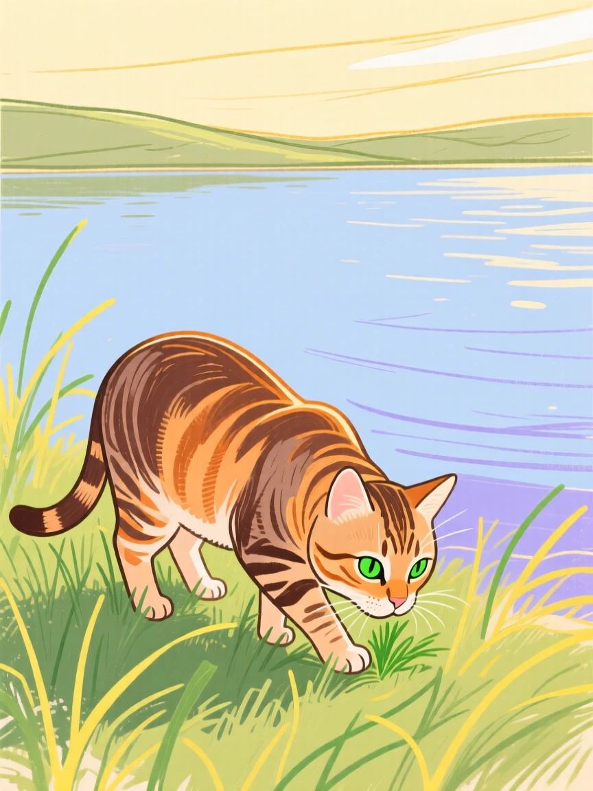 A tabby cat grazing beside a still lake on a quiet summer afternoon.