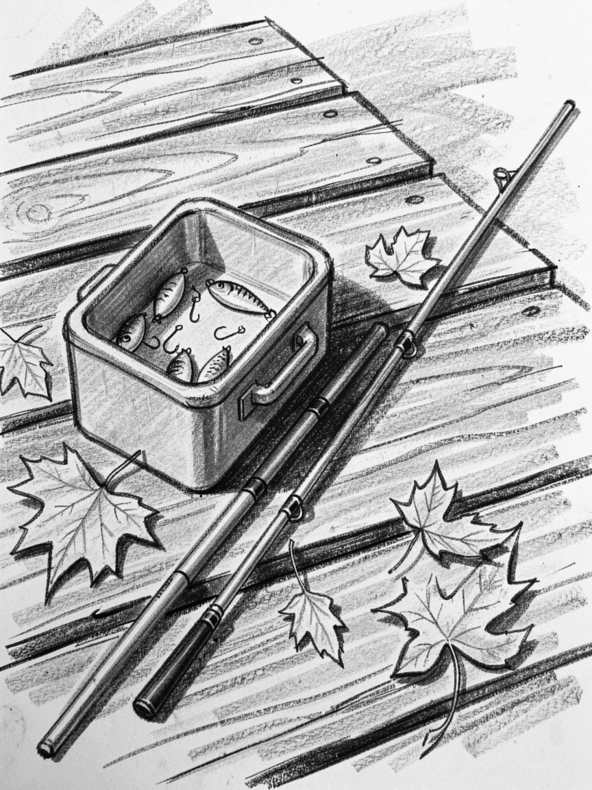 A fisherman's tackle box and rod resting on a dock, with autumn leaves scattered underfoot.