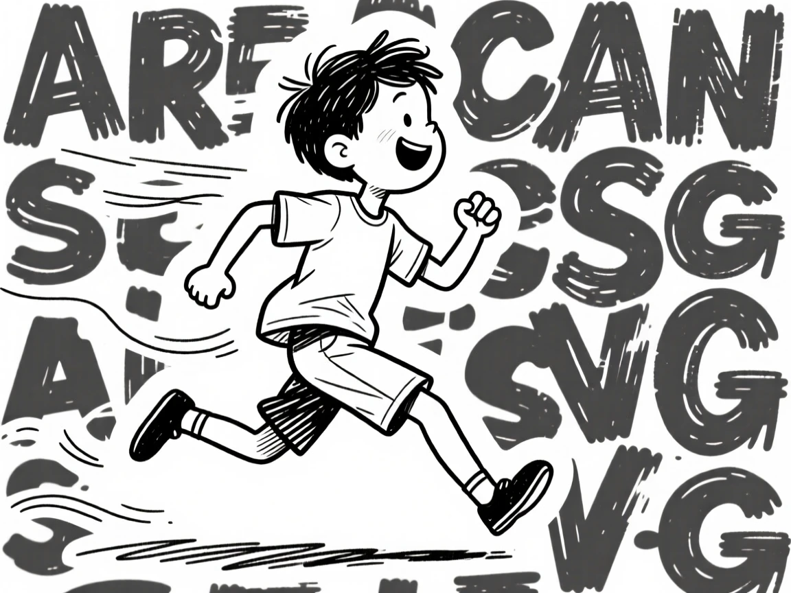 Content: a boy running. Art style: A playful, minimalist doodle style brush-pen sketching on a white background in printable SVG quality.