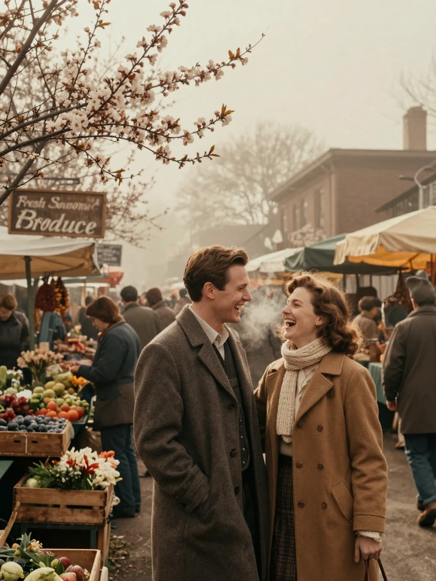 An engaged couple laughing together at a bustling street market, under a pale winter sky, in thick rolling fog, as spring blossoms unfurl, in warm honey and cream tones, from a wide establishing view.