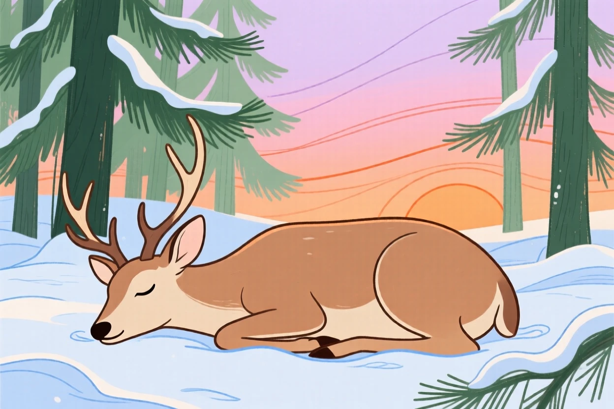 A gentle deer napping in a snowy pine forest at sunset.