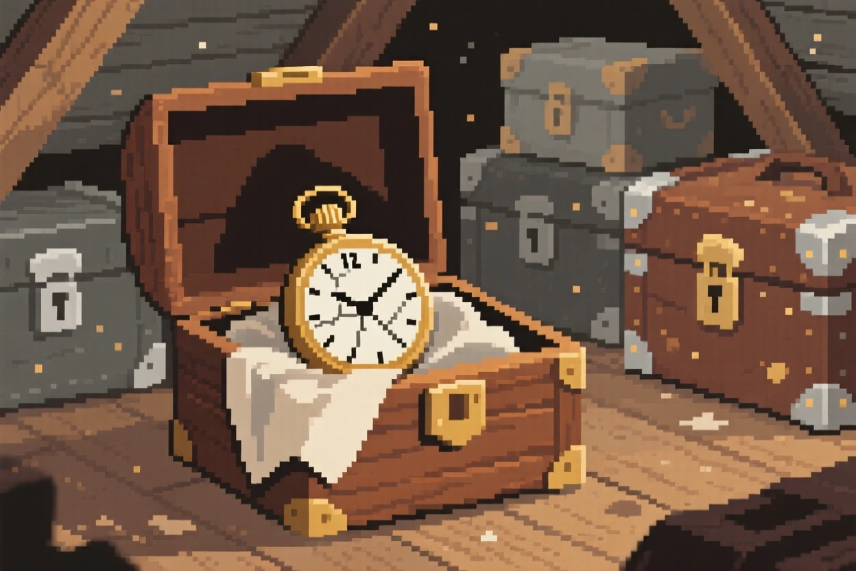 A pocket watch with a cracked glass face wrapped in a cloth inside a wooden box, within a dusty attic full of old trunks.