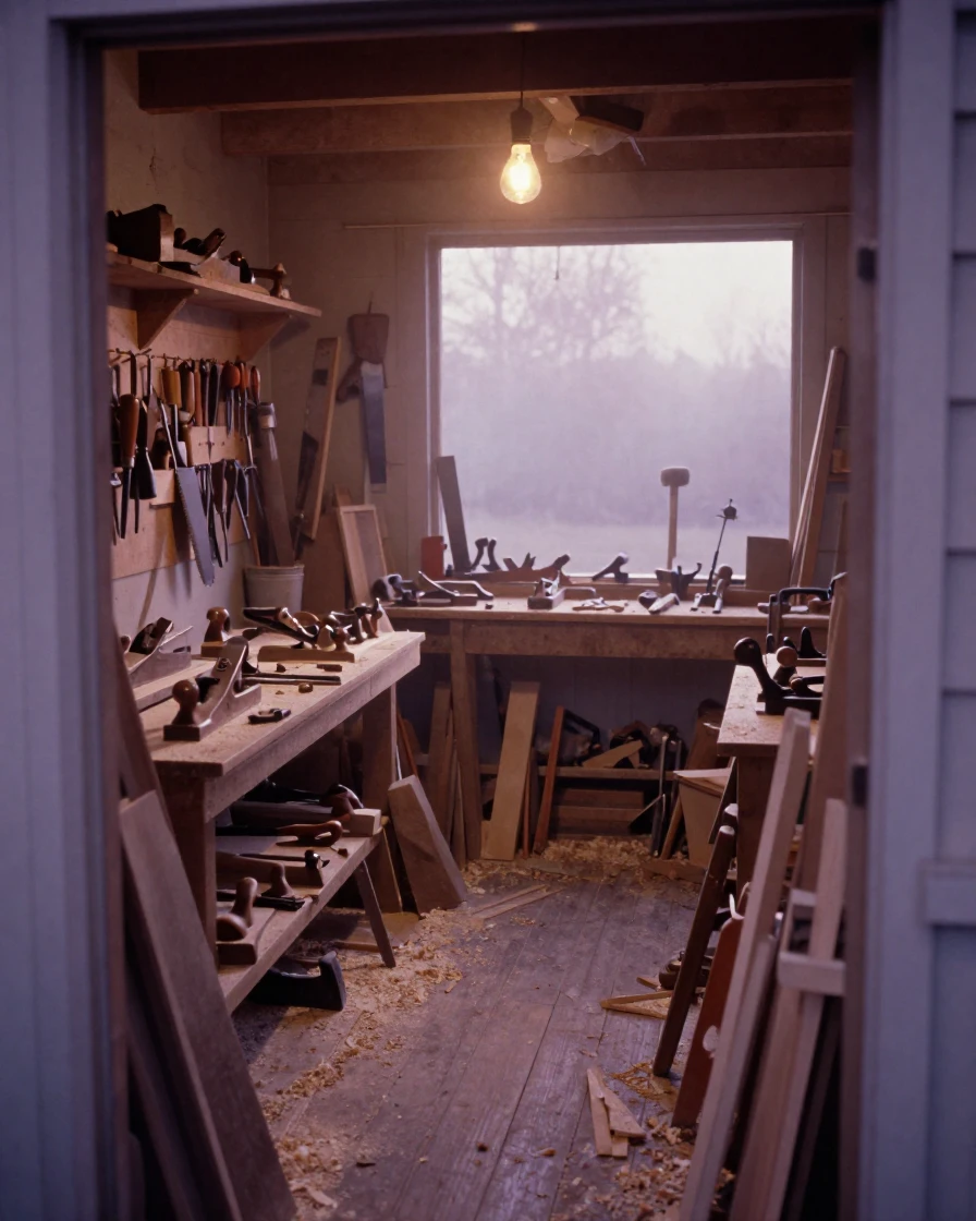 A cluttered woodworking shop filled with tools and sawdust, in the pale light just before sunrise, in thick rolling fog, in late autumn, in dusty lavender and rose tones, framed through an open doorway.