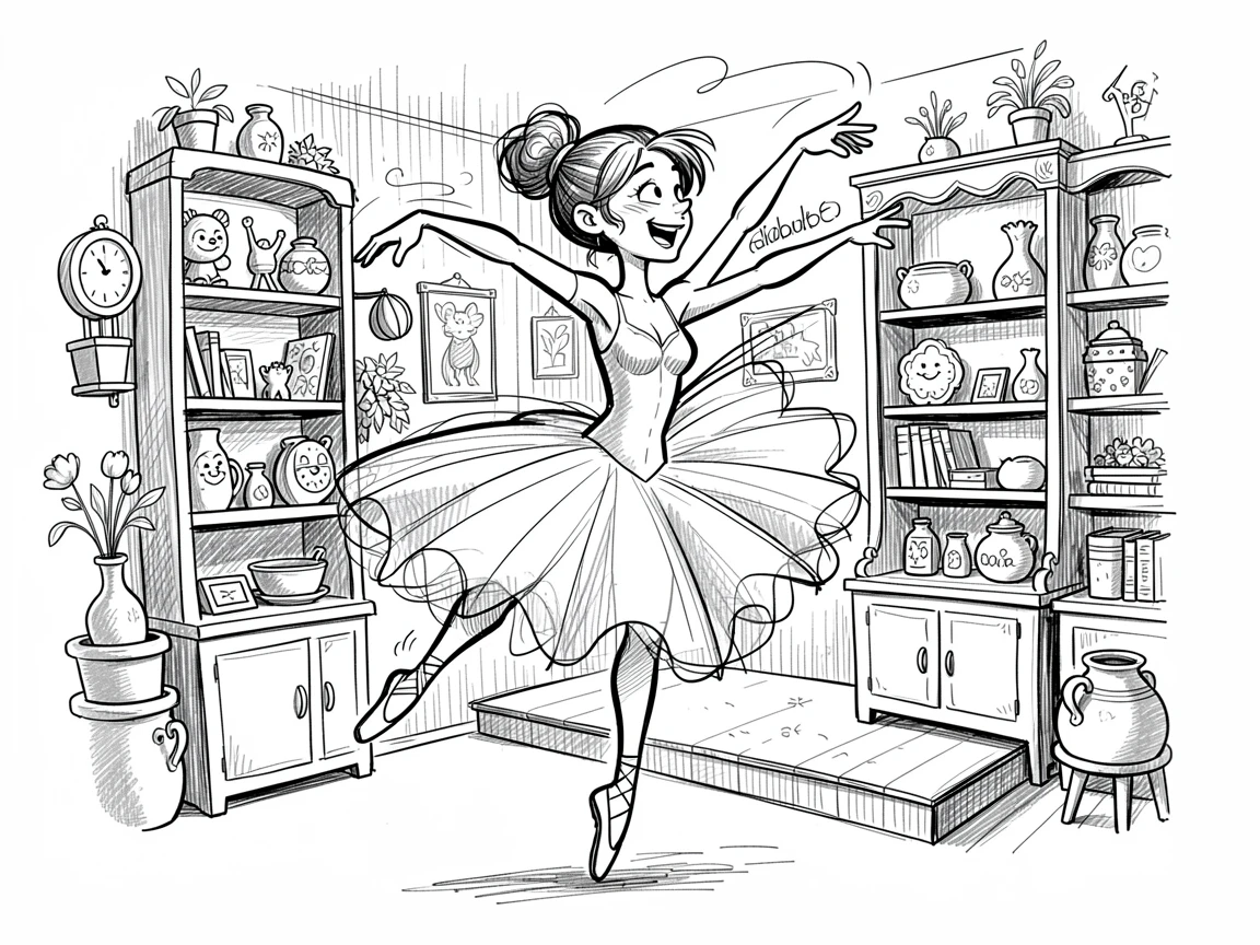 A ballet dancer mid-leap on a stage inside a charming little shop.