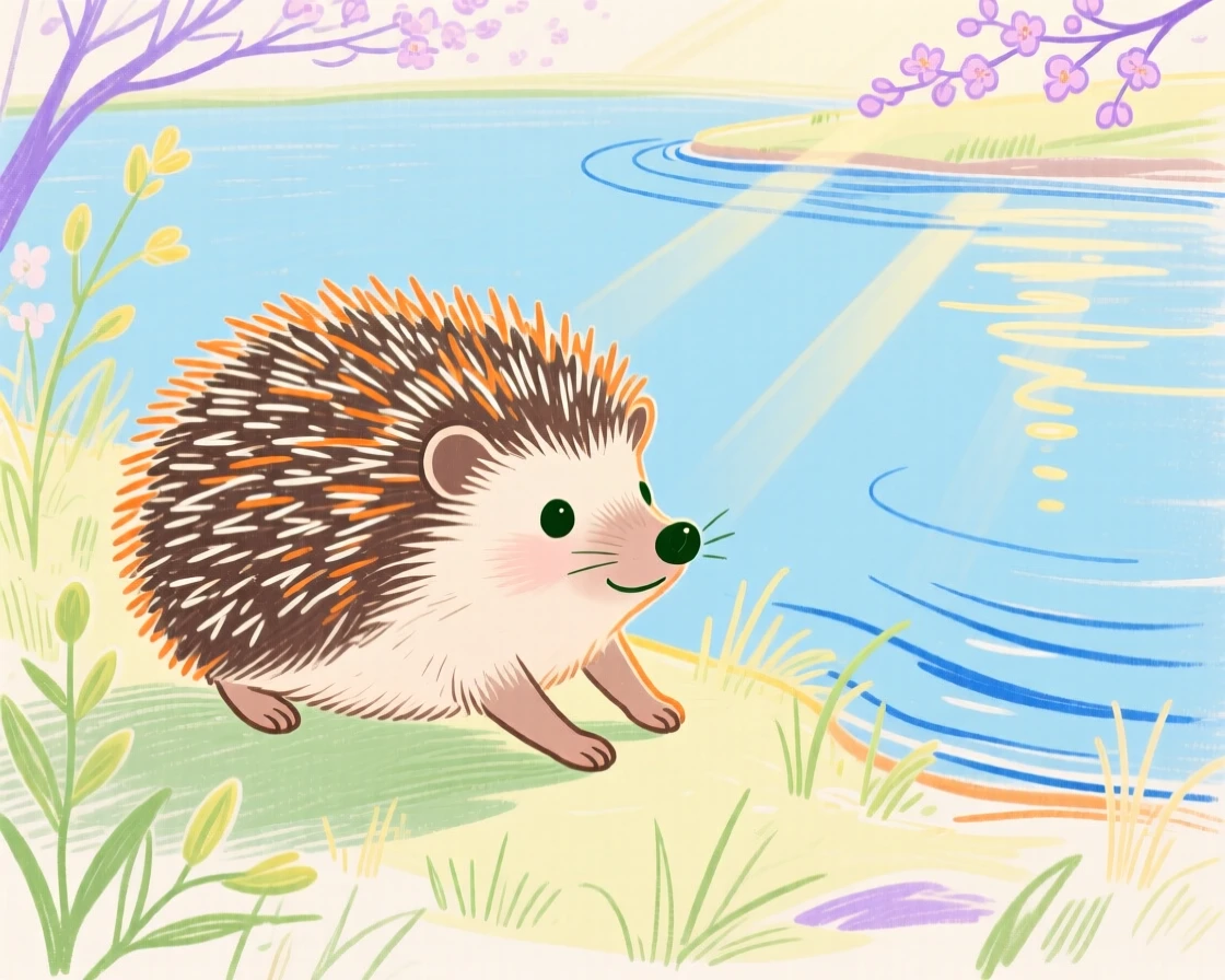 A small hedgehog stretching in the morning light beside a still lake in early spring.