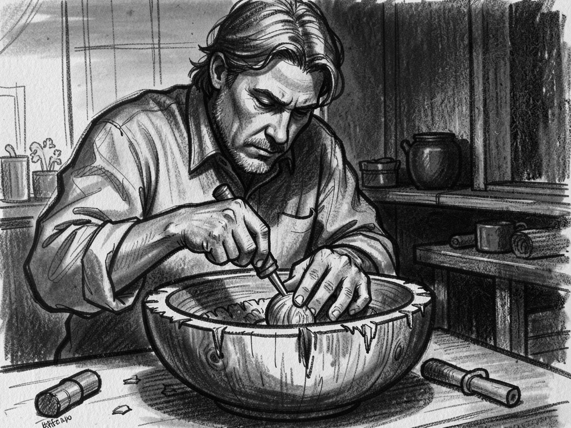 A woodworker carving an intricate design into a wooden bowl, as the last light of day fades to dusk.