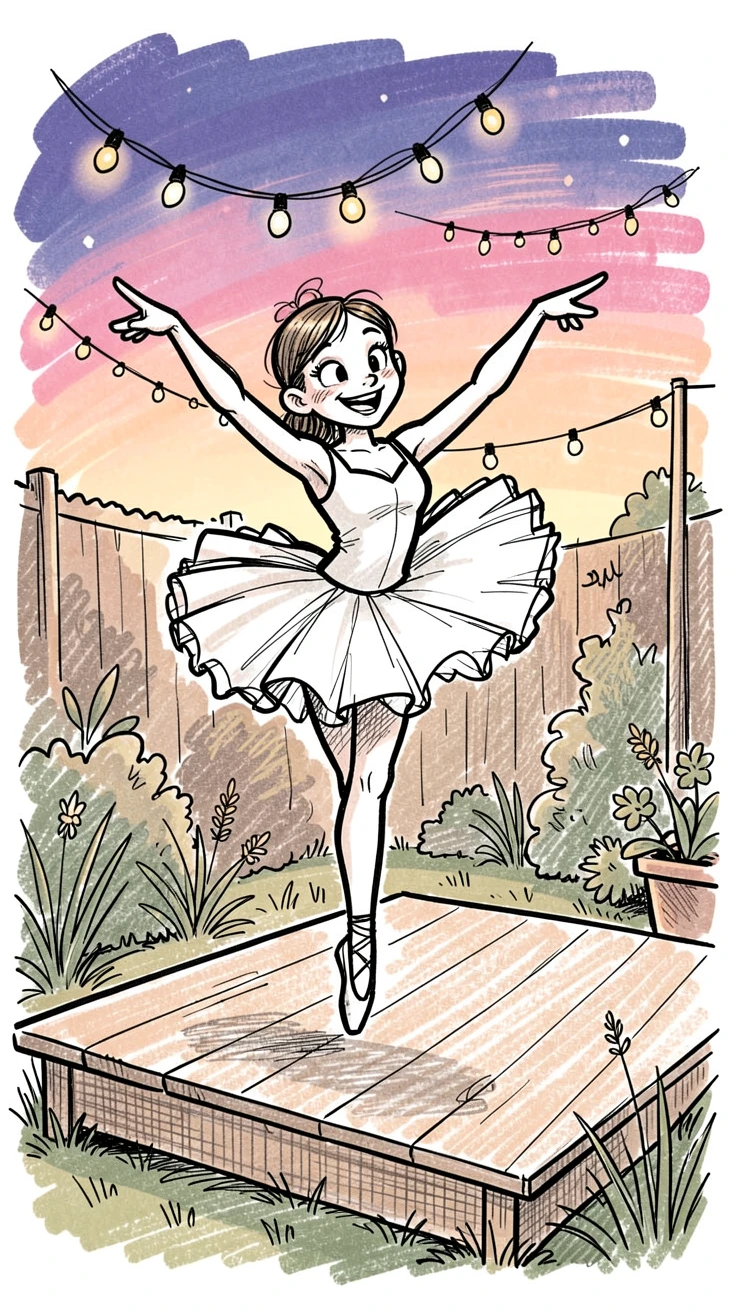 A ballet dancer mid-leap on a stage in a backyard on a summer evening.