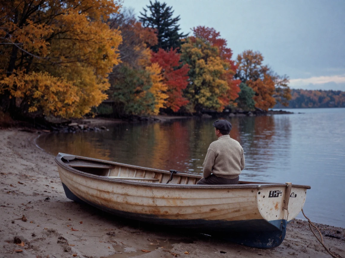 A rowboat resting on the sandy shore of a quiet cove, in cool blue twilight, under a light drizzle, as autumn leaves turn gold and red, with a soft sepia-tinted glow, over the shoulder of the main subject.