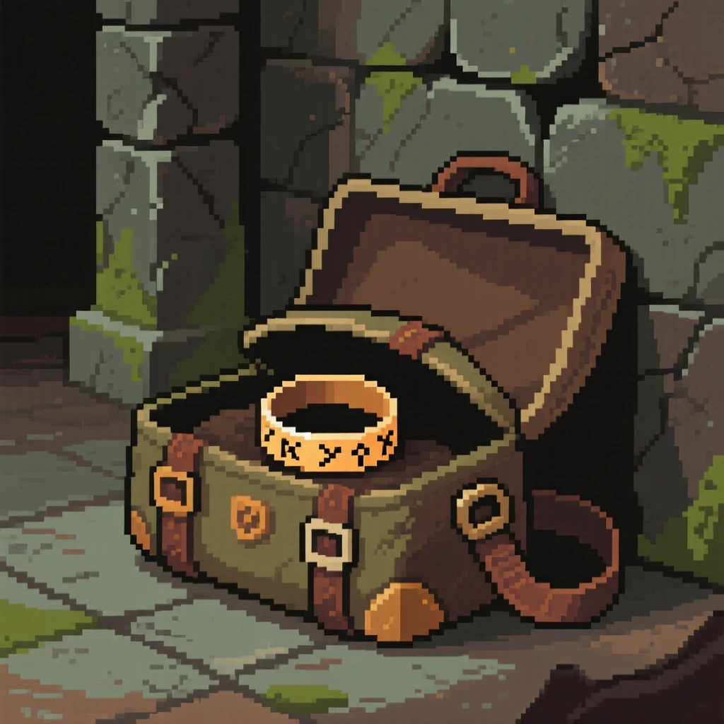 A ring engraved with old runes tucked inside an adventurer's travel bag, inside a forgotten temple chamber.