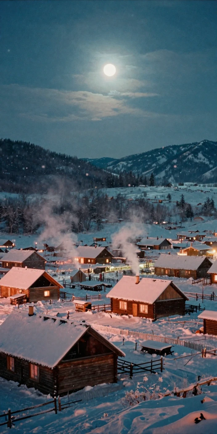 A snow-covered mountain village with smoke rising from chimneys, under moonlight, amid gently falling snow, in the depths of winter, in vivid coral and turquoise hues, from behind, looking toward the horizon.