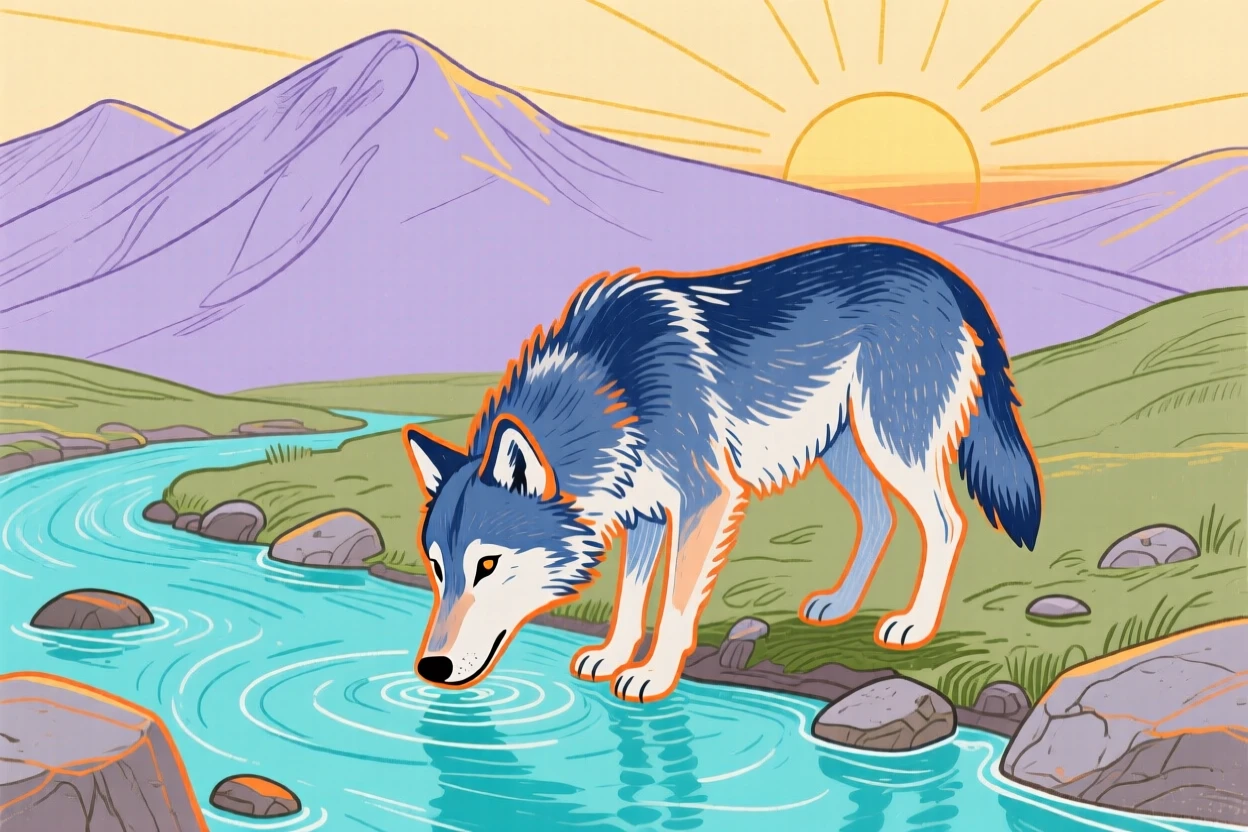 A young wolf drinking from a stream beside a mountain stream at sunset.