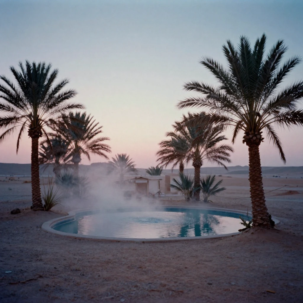 A desert oasis with palm trees surrounding a small pool of water, in cool blue twilight, as mist rises off the ground, during the long days of summer, in soft muted pastels, from a slightly elevated vantage point.