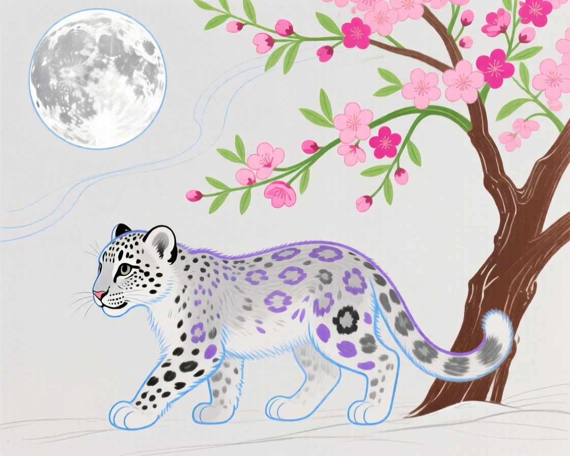 A snow leopard cub wandering under a blossoming tree under a full moon.