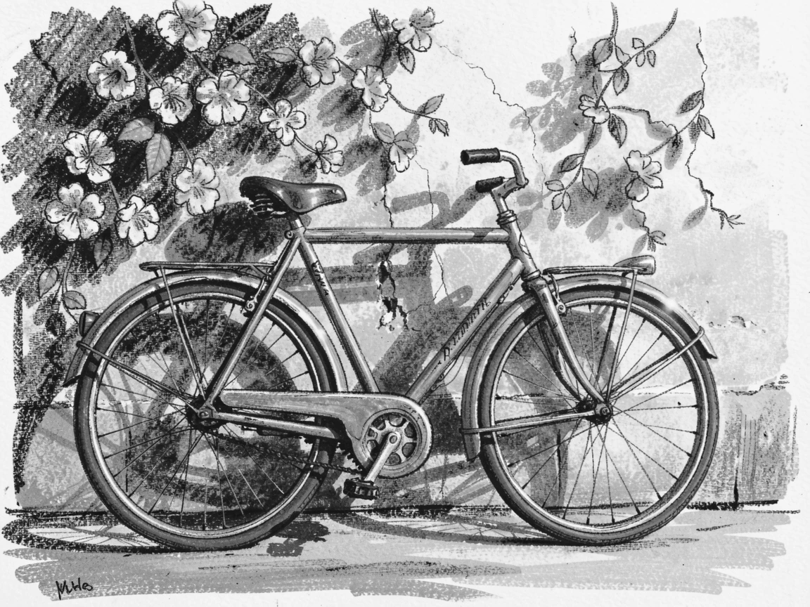 A vintage bicycle leaning against a flower-covered wall, as golden afternoon sun spills across the scene.