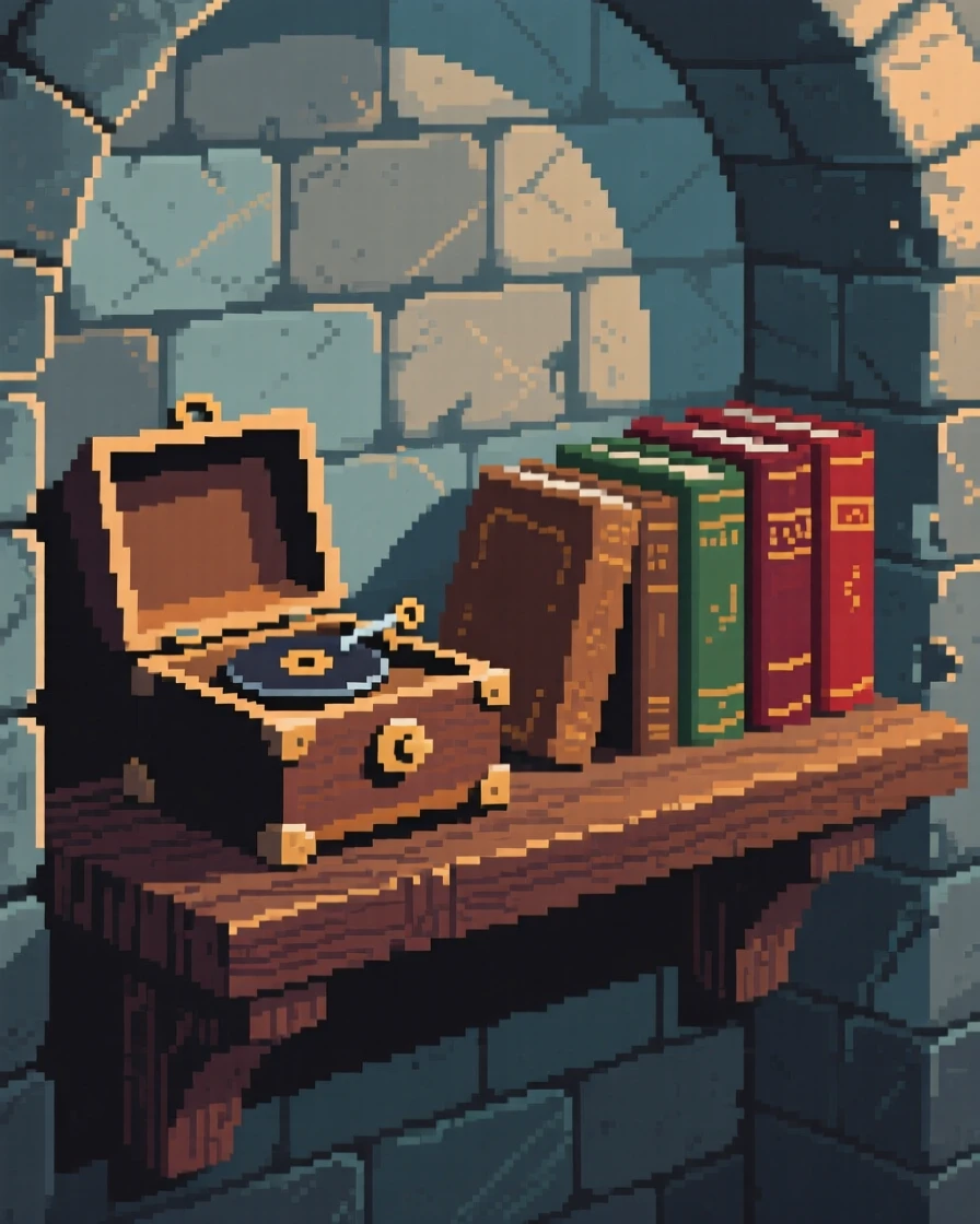 A music box that plays on its own sitting on a shelf beside dusty books, within an ancient hidden vault.