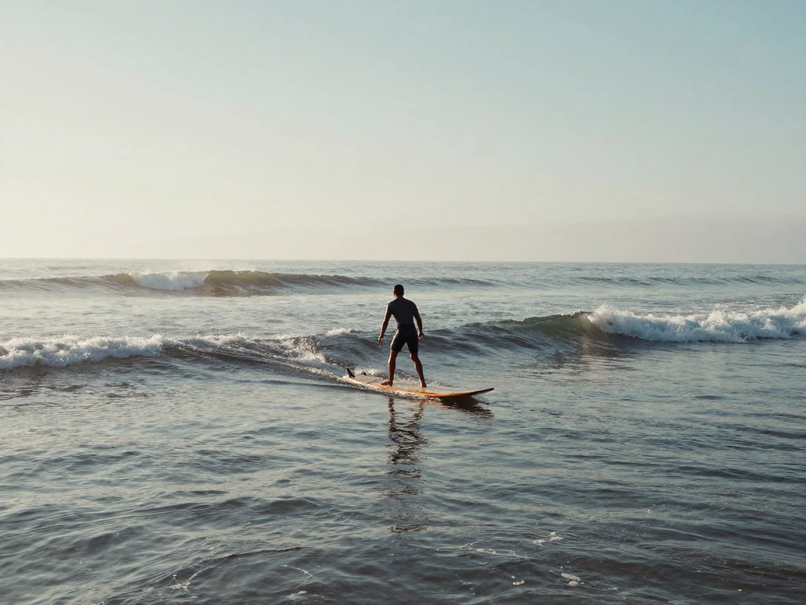 A surfer paddling out toward distant rolling swells, in the pale light just before sunrise, with a soft breeze stirring the air, during the long days of summer, in cool blues and silvery greys, from a wide establishing view.