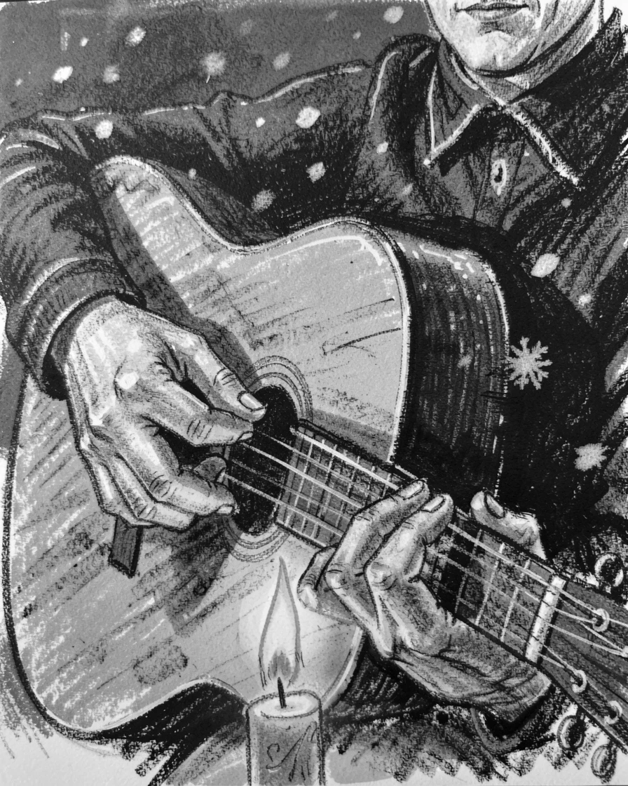 A musician's hands playing an acoustic guitar by candlelight, under a soft blanket of falling snow.