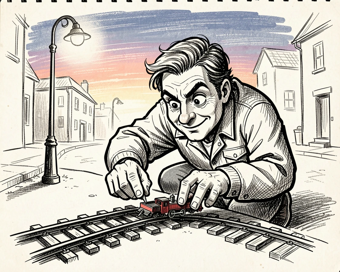 A model train enthusiast adjusting a tiny track on a quiet street corner at dusk.