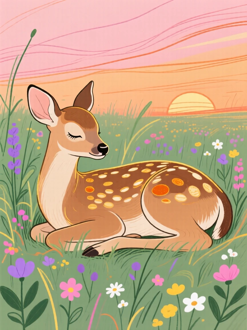 A spotted fawn napping near a wildflower field at sunset.